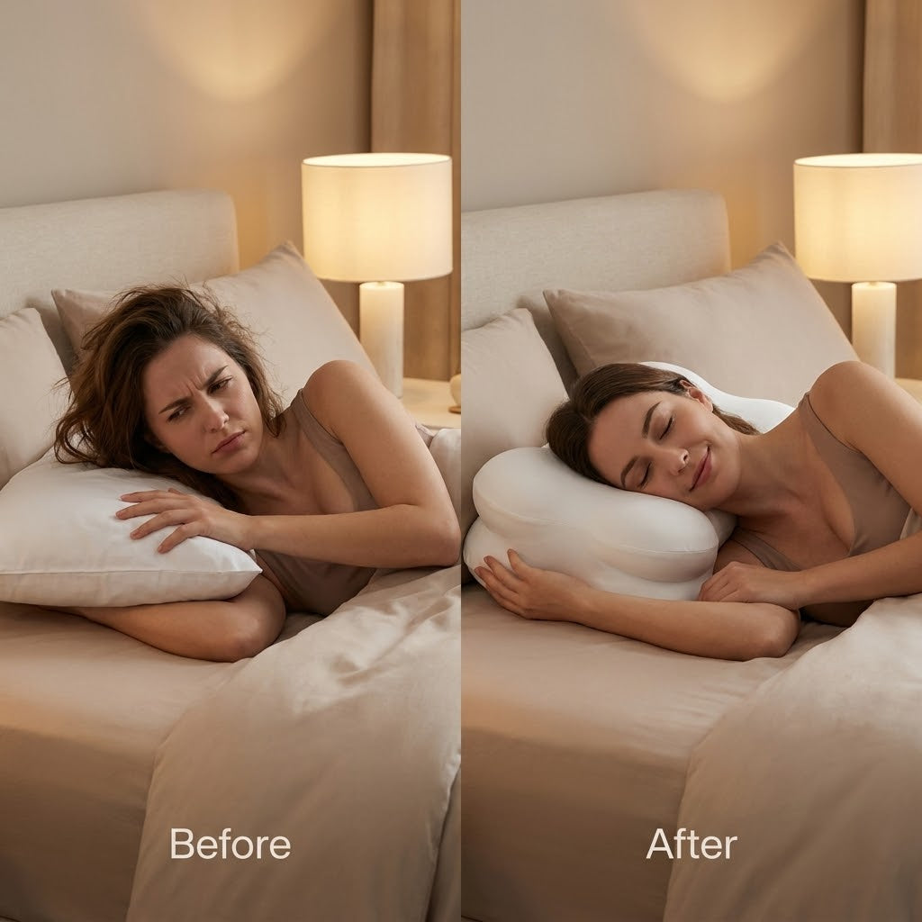 Before and after comparison of a woman sleeping with a pillow on a bed.