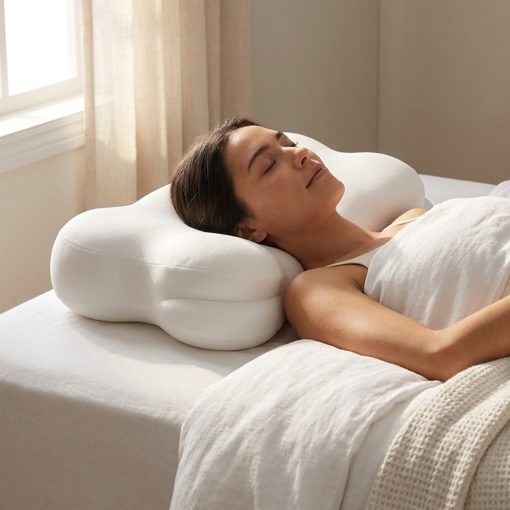 Woman lying on a couch with a white pillow, surrounded by soft lighting.