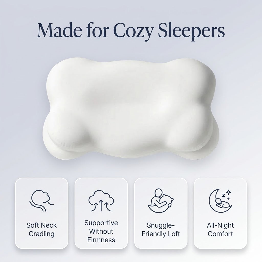 White pillow with text 'Made for Cozy Sleepers' and icons below on a light gray background
