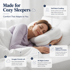 Woman sleeping with a white pillow, surrounded by text describing its features.