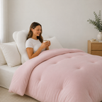 Woman sitting on a couch with pink comforter and holding a mug in a cozy room.