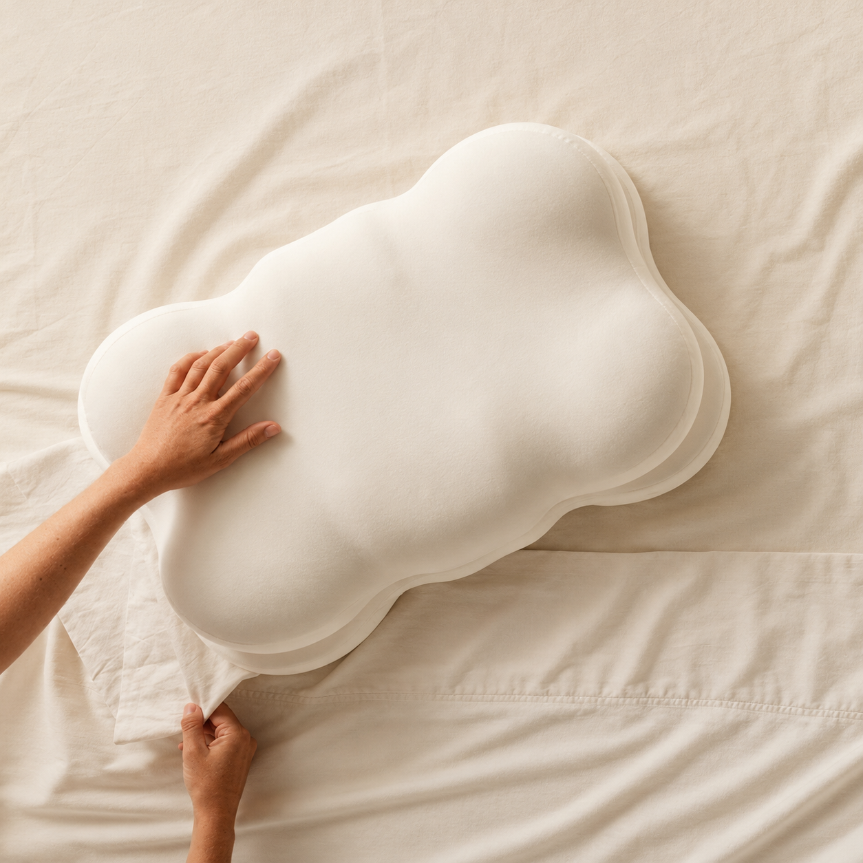 Person holding a cloud-shaped pillow on a bed