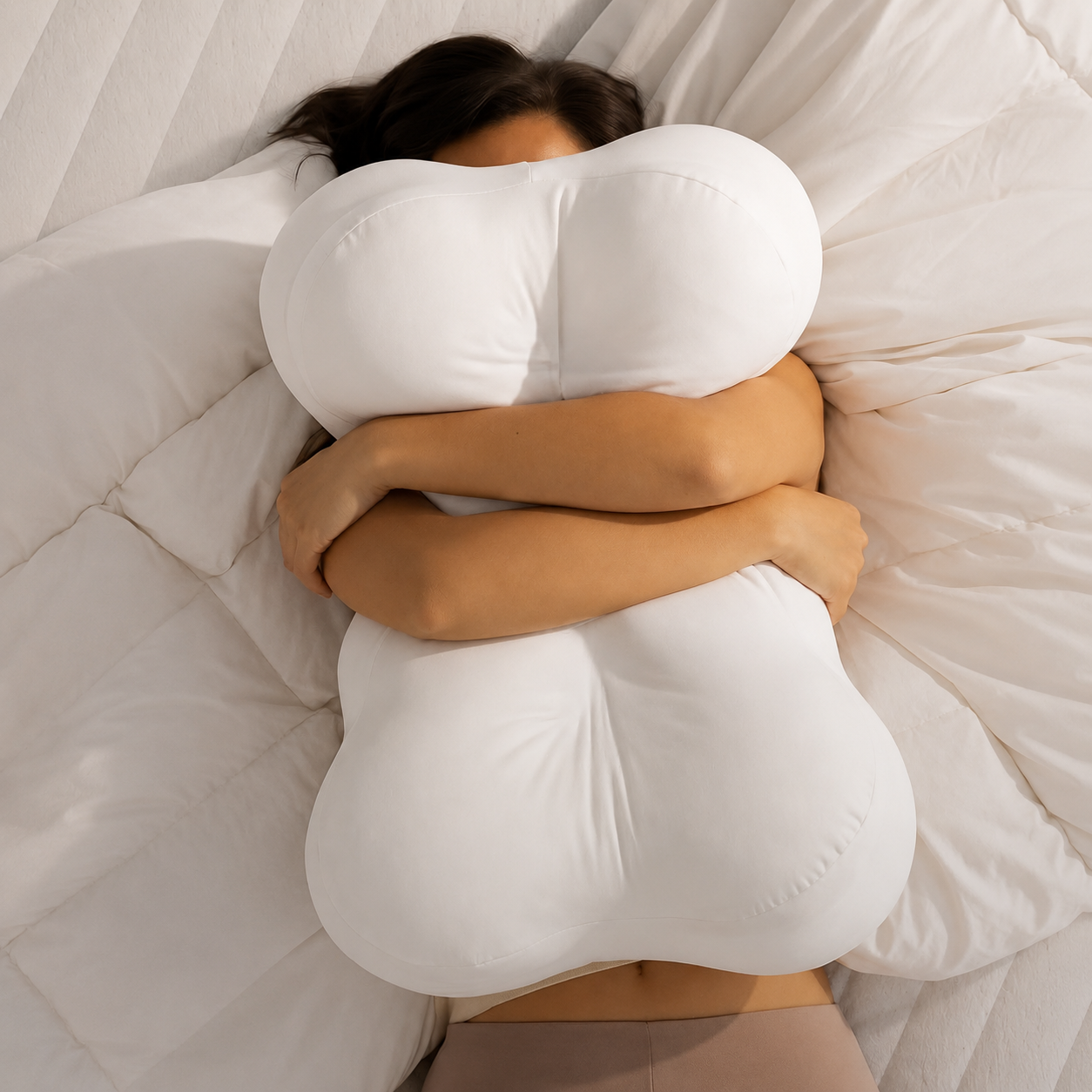 Person hugging a large white pillow on a bed