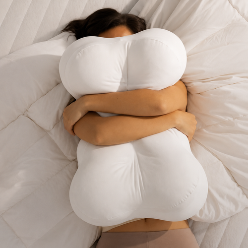 Person hugging a large white pillow on a bed