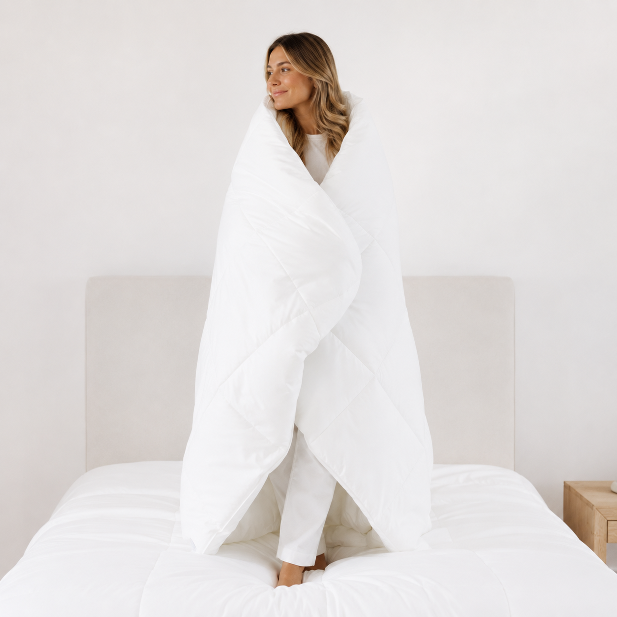 Woman wrapped in a white blanket on a bed in a minimalistic room.