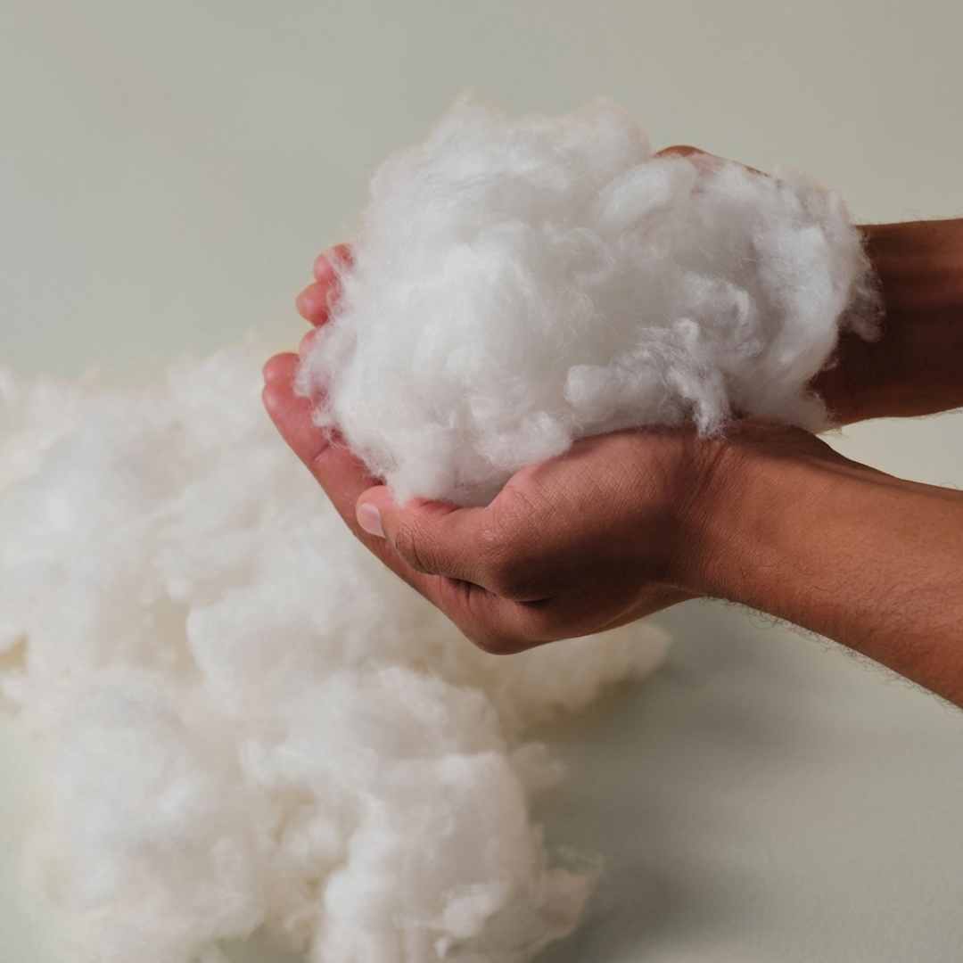 Hand holding a ball of white cotton against a neutral background