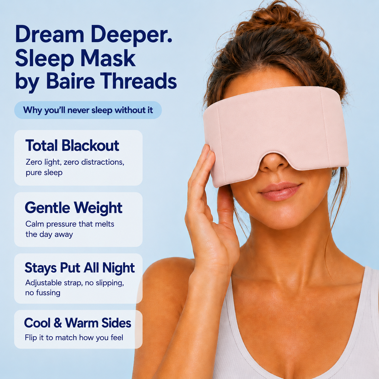Woman wearing a sleep mask with product features listed on a blue background