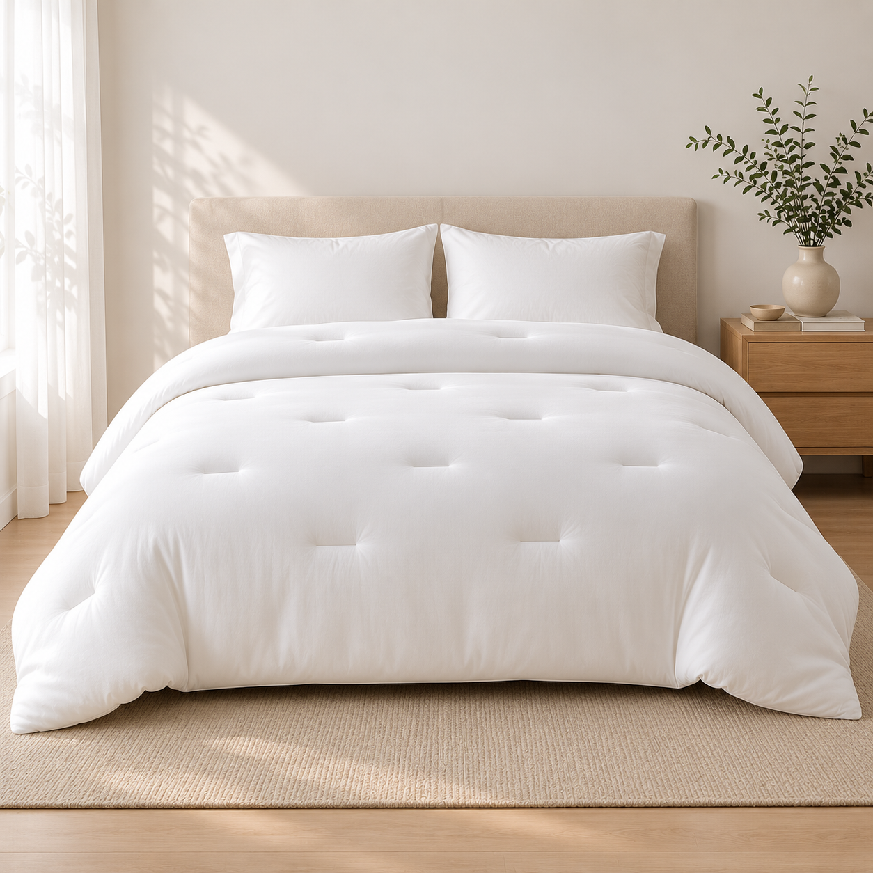 White comforter on a bed in a bedroom setting with a plant and nightstand.