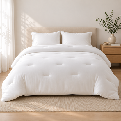 White comforter on a bed in a bedroom setting with a plant and nightstand.