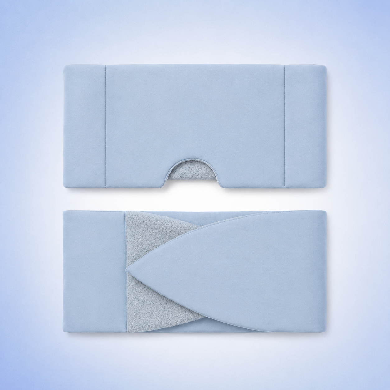 Front and back of eyemask in light blue in a white blue studio. 