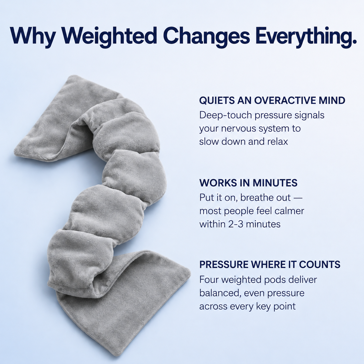 Gray weighted neck pillow with text explaining its benefits on a light blue background