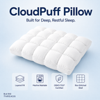 A white CloudPuff Pillow with a quilted grid design, shown on a light blue gradient background with product features and certifications.