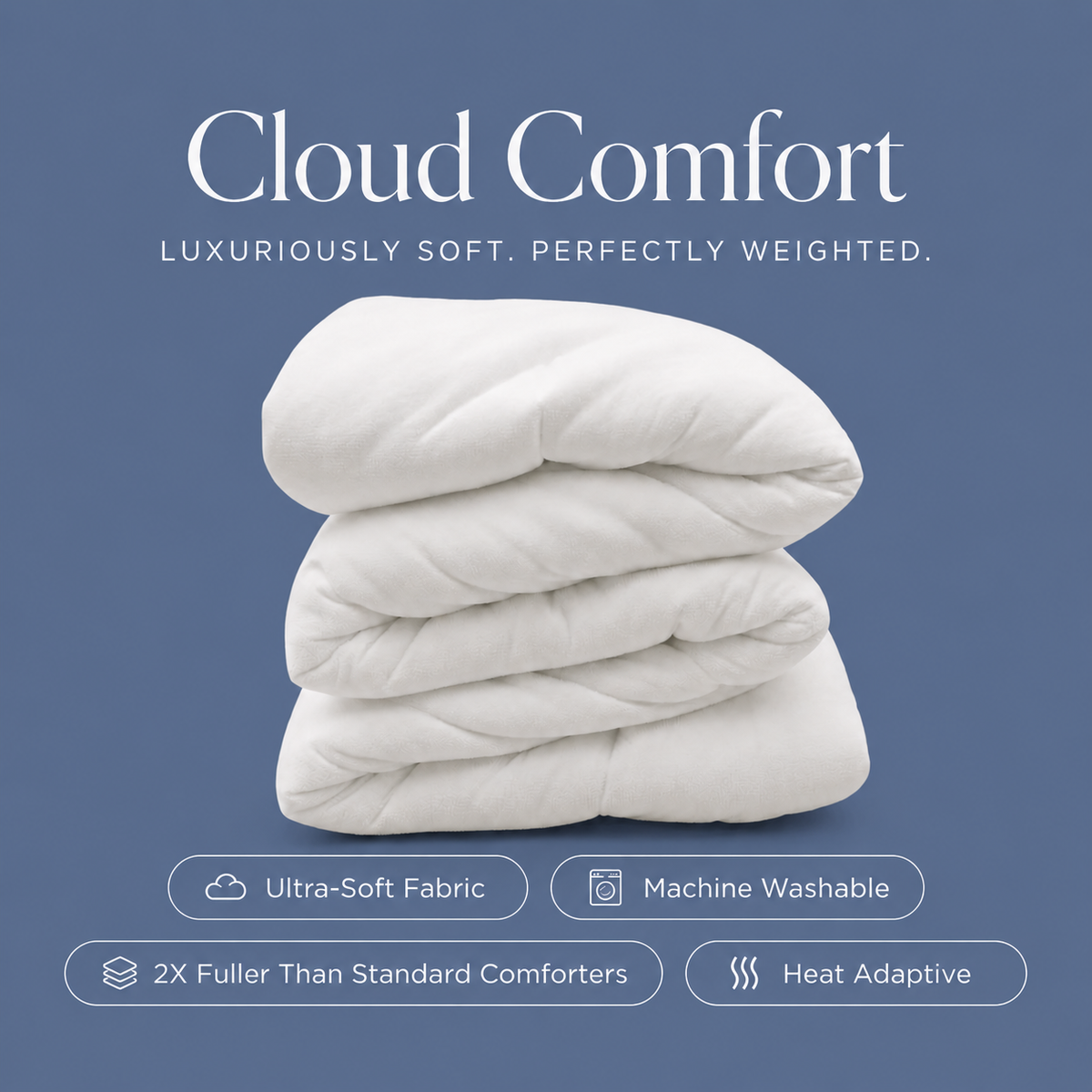 Stack of white comforters with 'Cloud Comfort' branding on a blue background