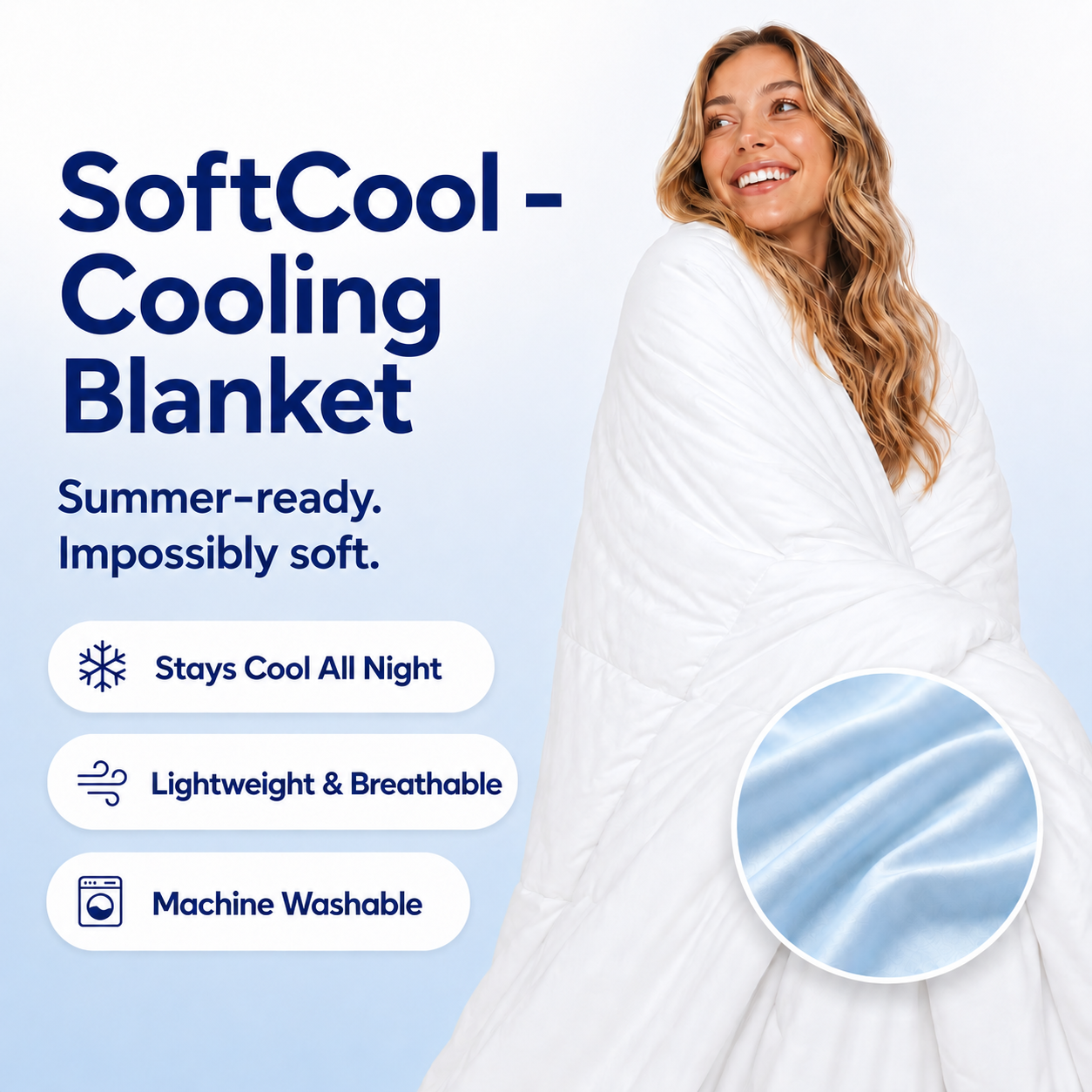 A woman wrapped in a white SoftCool cooling blanket, shown against a light blue gradient background with product text and feature callouts including 'Summer-ready. Ipossibly soft.