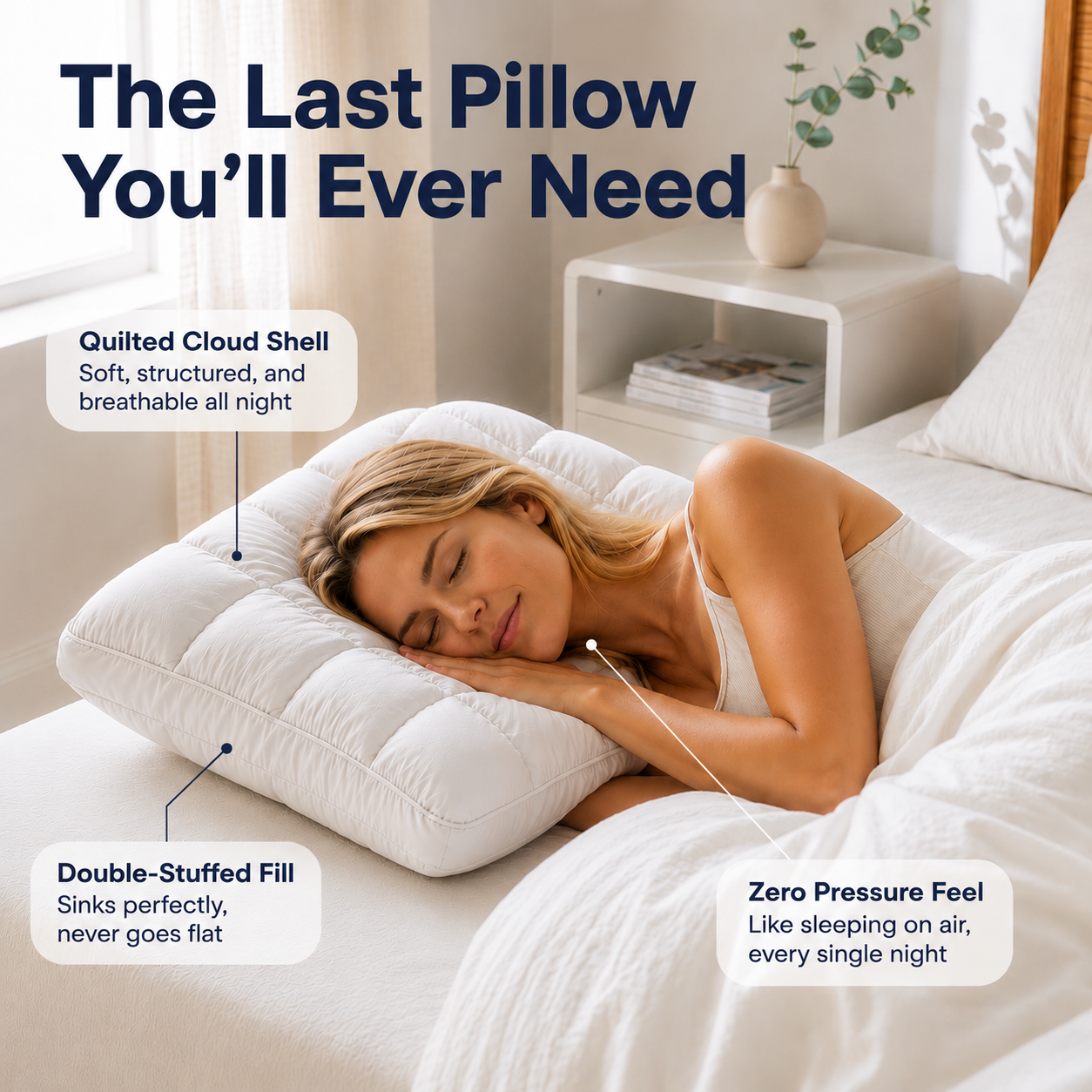 Woman sleeping on a pillow with text describing its features in a bedroom setting