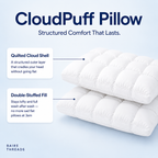 Two white CloudPuff pillows shown on a light blue background with text explaining the quilted cloud cover and fluffy filling. The brand name Baire Threads appears in the lower left corner.