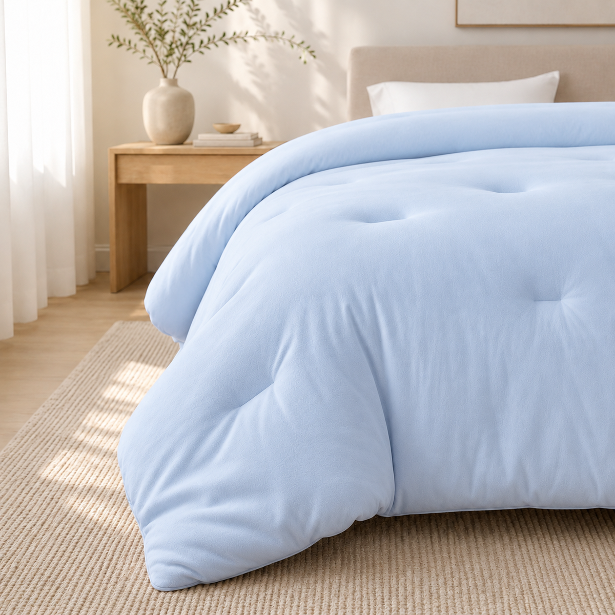 Close-up of a Baby Blue CloudSoft comforter corner, showing the thick, tufted fill