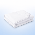 A folded white quilted comforter set, shown on a clean light blue and white gradient background.