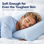 Man sleeping with a blue pillow, text about softness for skin