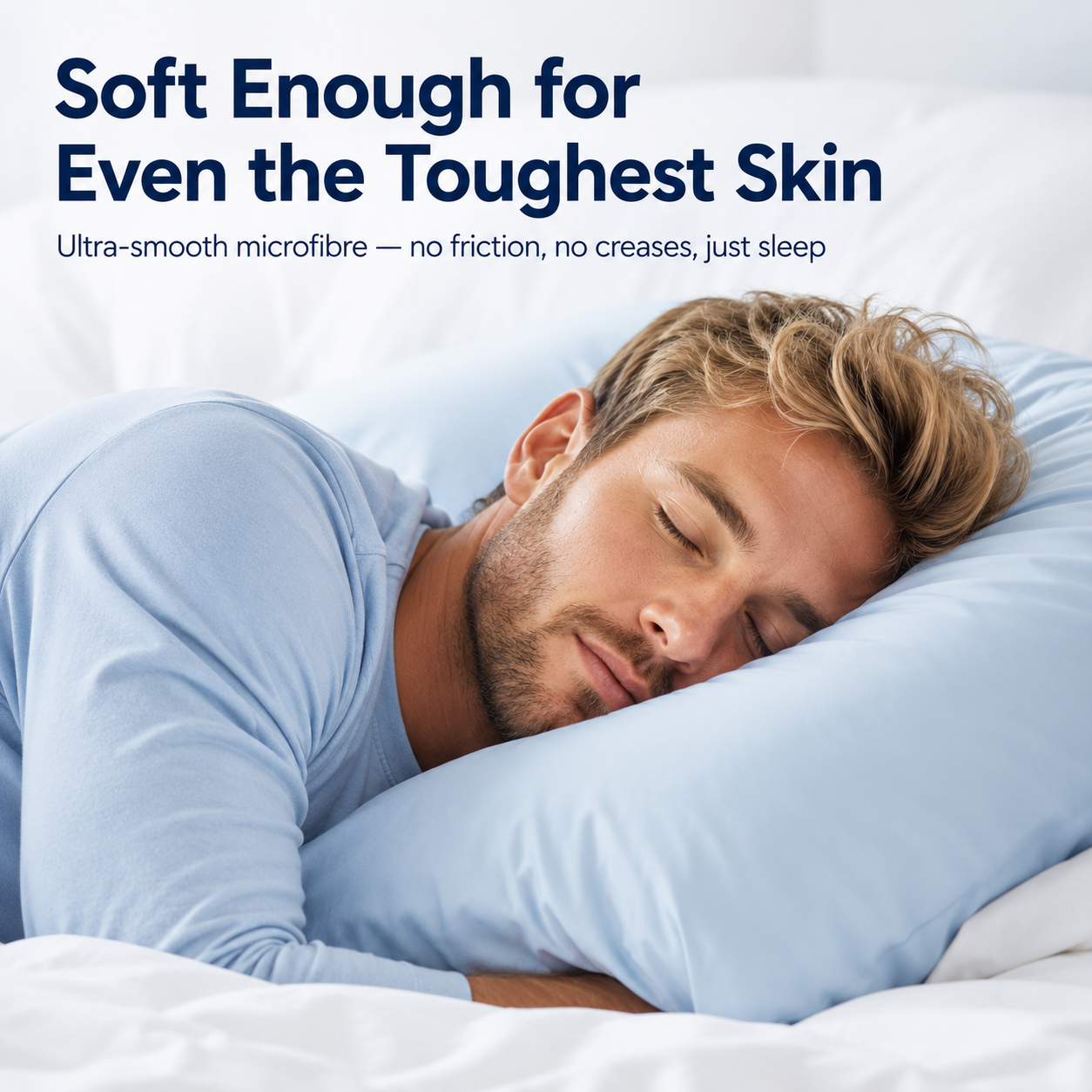 Man sleeping with a blue pillow, text about softness for skin
