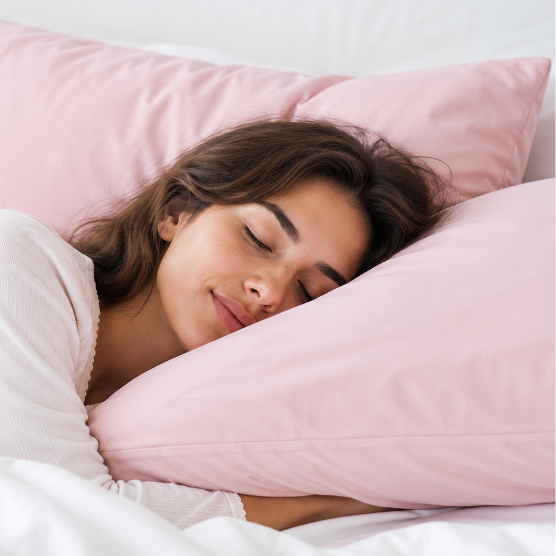 Woman sleeping peacefully with pink pillows and white bedding