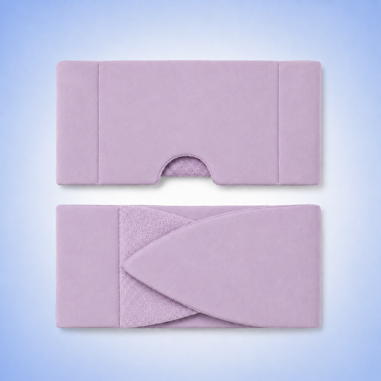 Front and back of eyemask in lavender purple in a studio. 