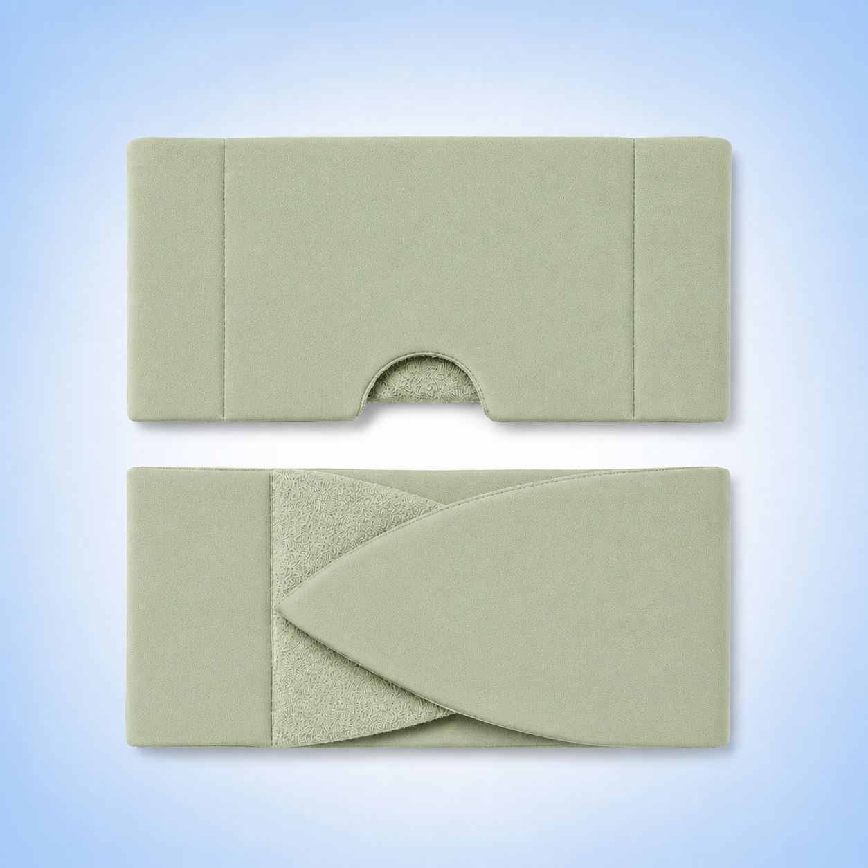 Front and back of eyemask in sage green in studio. 