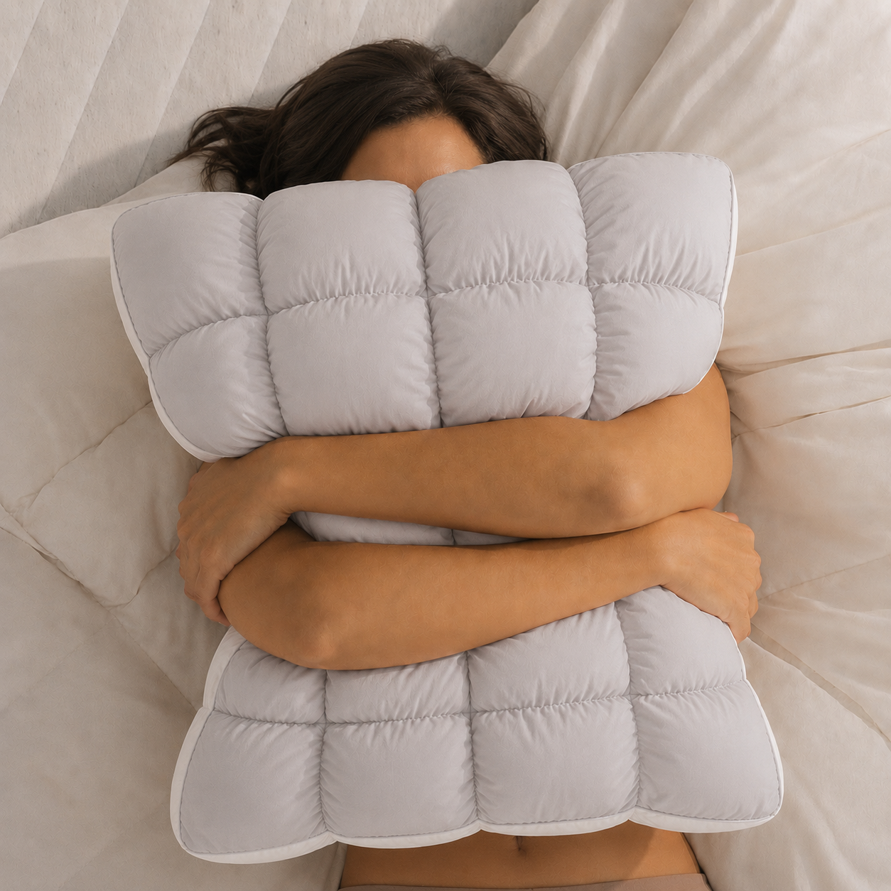 Person hugging a large gray weighted blanket on a bed