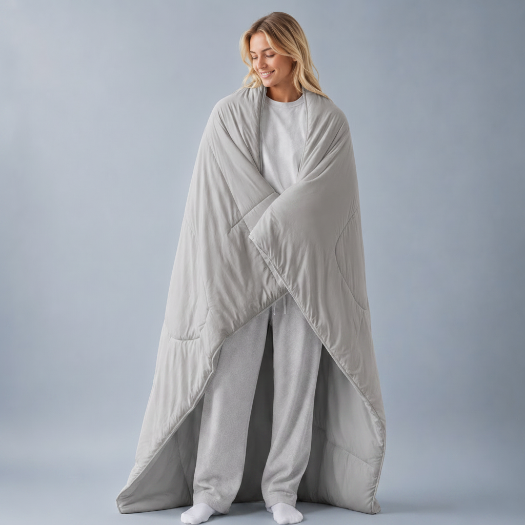 A woman wrapped in a large light gray plush blanket or comforter, standing against a smooth light gray studio background.