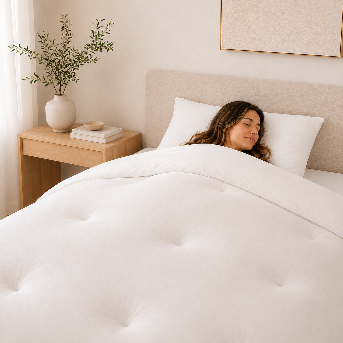 A woman rests under a white tufted comforter on a bed in a softly lit bedroom. The scene includes a beige headboard, white pillows, a wooden bedside table with books and a vase, and a neutral wall.