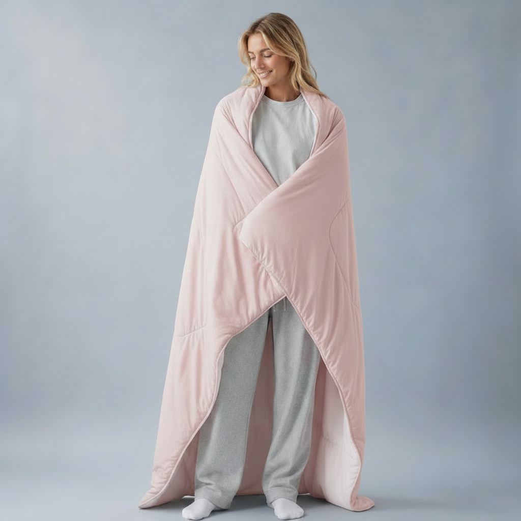 A woman wrapped in a large, soft pink quilted blanket or throw, standing against a solid light gray studio background.