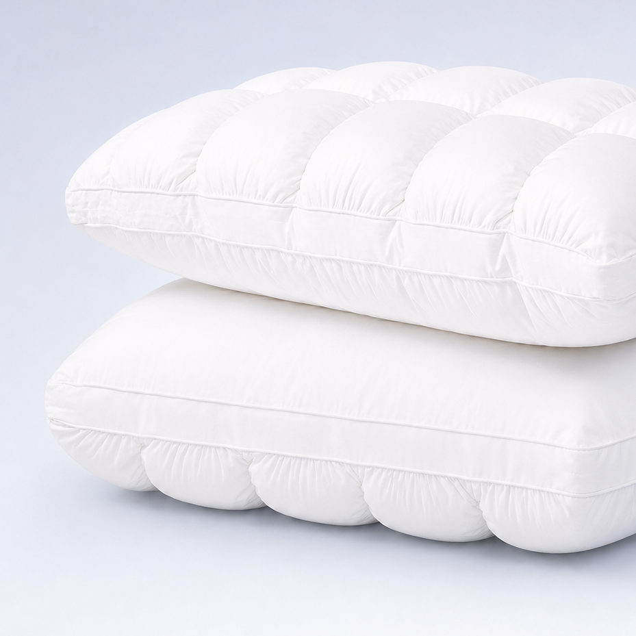 Two white pillows stacked on a light gray background