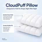 CloudPuff Pillow with features highlighted on a light blue background