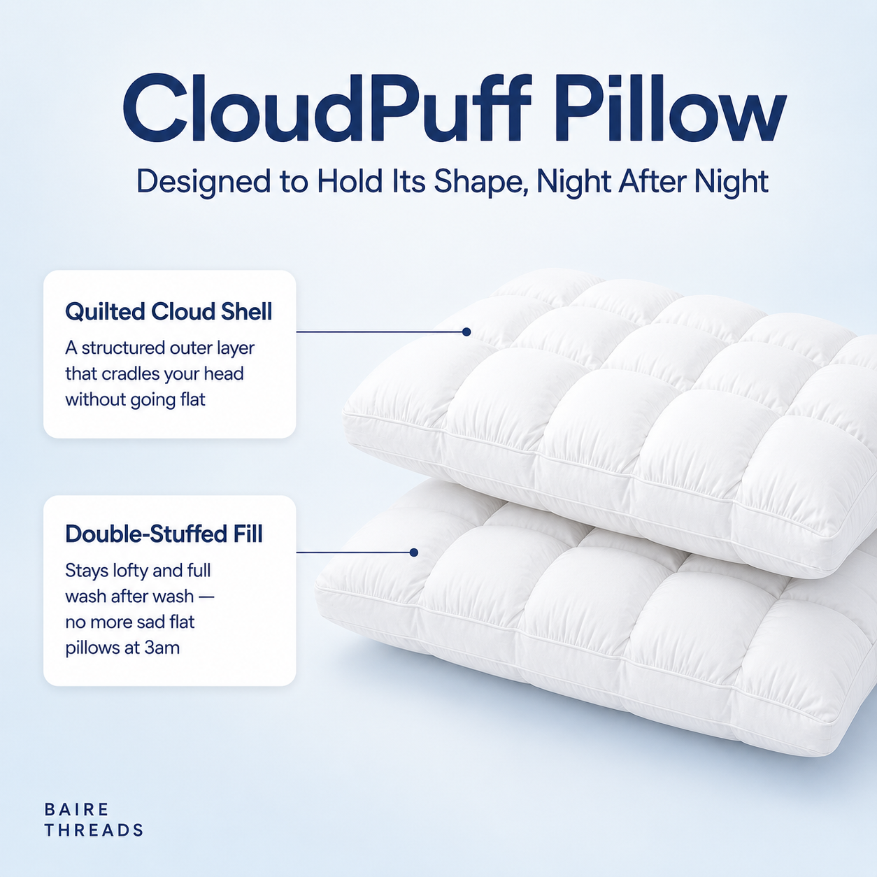 CloudPuff Pillow with features highlighted on a light blue background