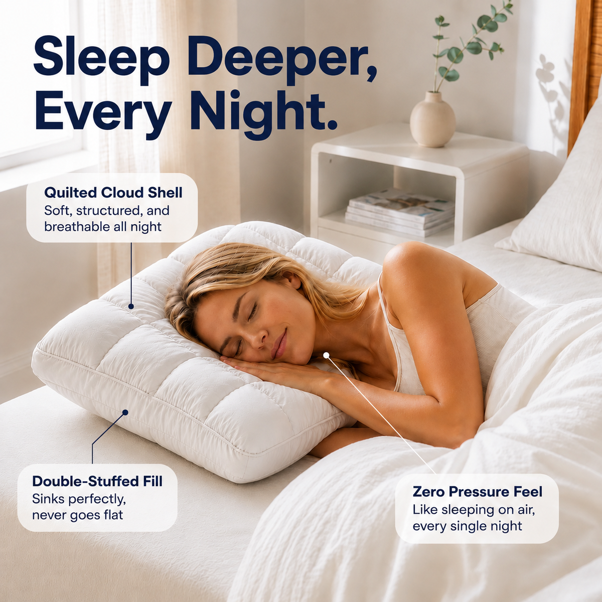 A woman sleeping peacefully on a white bed with a large white pillow. Text callouts explain the pillow's features: Quilted Cloud Cover, Fluffy Filling, and Zero Pressure Feel.